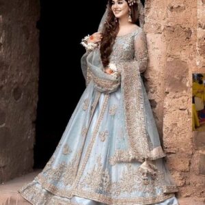 Pastel Blue Embellished Woman Bridal Lehenga – Elegant & Timeless