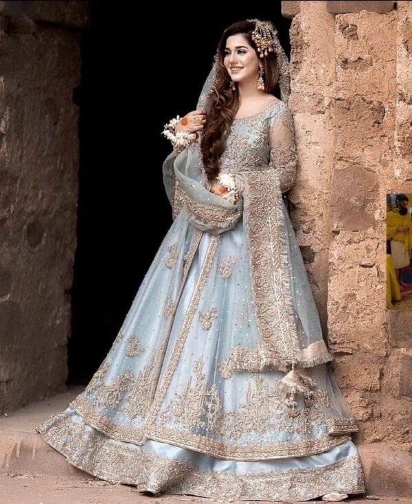 Pastel Blue Embellished Woman Bridal Lehenga – Elegant & Timeless