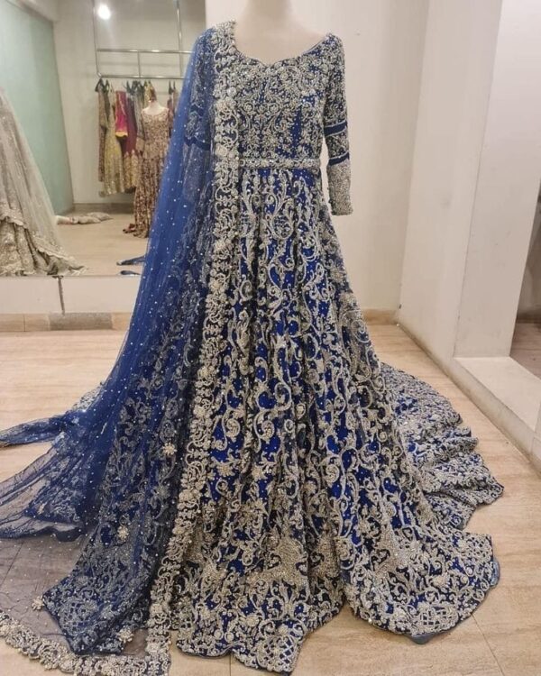 Royal Blue & Silver Embellished Bridal Gown For Ladies – Luxurious & Regal