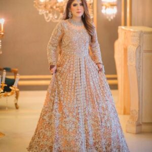 Elegant Peach & Gold Embellished Bridal Gown – Timeless Beauty