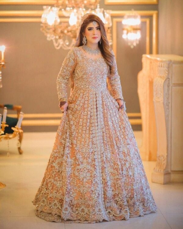 Elegant Peach & Gold Embellished Bridal Gown – Timeless Beauty